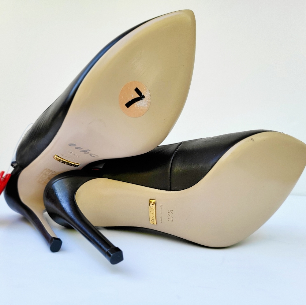 NWOT GUCCI Sylvie 75 Black Leather Red Slingback Strap Sandal Mule Heel Pump37.5 - Picture 15 of 16